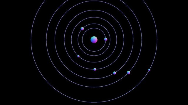 TRAPPIST-1: seven planets orbiting their star (view from above on the alien system, centred, with paths, in shades of blue, purple and pink in front of a black background)