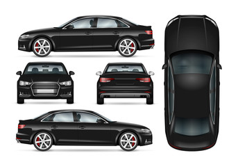Fototapeta premium Black car vector template for car branding and advertising. Isolated business sedan set. All layers and groups well organized for easy editing and recolor. View from side; front; back; top.