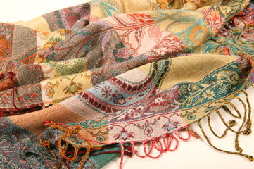 Still life of colorful scarves, draped on table, isolated neckerchief, Women Accessories