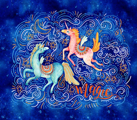 Obraz premium Lovely unicorn in cartoon style. Magic, lettering.