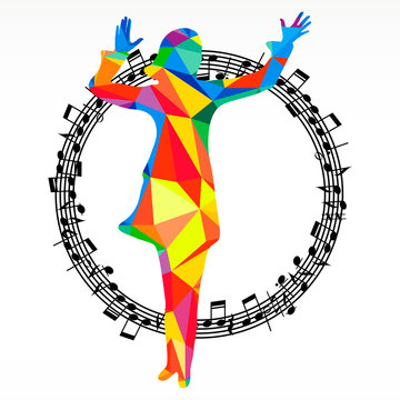 Poligon silhouette dancing human and melody circle, vector music battle party background.