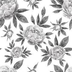 Watercolor hand drawn vintage seamless pattern with peony flowers and leaves