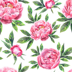 Watercolor hand drawn vintage seamless pattern with peony flowers and leaves © Юлия Гришина