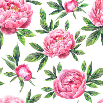 Watercolor hand drawn vintage seamless pattern with peony flowers and leaves