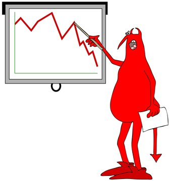 Illustration of a red devil pointing to a graph on a screen.