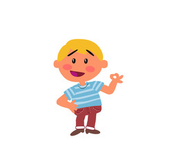 Cartoon character boy in approval attitude; isolated vector illustration.