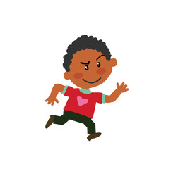 Cartoon character black boy running; isolated vector illustration.