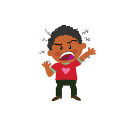 Cartoon character black boy angry; isolated vector illustration.