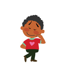 Fototapeta premium Cartoon character black boy shy; isolated vector illustration.