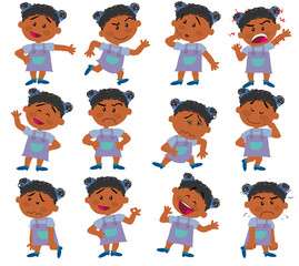Cartoon character girl set with different postures, attitudes and poses, doing different activities in isolated vector illustrations.