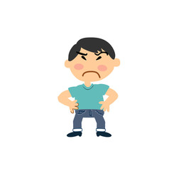 Cartoon asian character boy serious; isolated vector illustration.