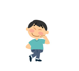Cartoon asian character boy shy; isolated vector illustration.