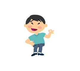 Cartoon asian character boy in approval attitude; isolated vector illustration.