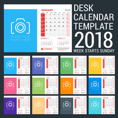 Desk Calendar Design Templatefor 2018 Year. Place for Photo. Week starts on Sunday. Vector Illustration