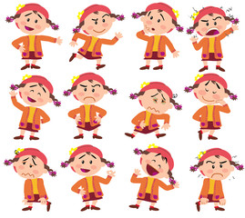Cartoon character girl set with different postures, attitudes and poses, doing different activities in isolated vector illustrations.