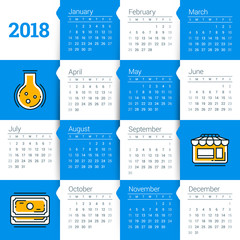 Calendar for 2018 year. Vector design template. Week starts on Sunday. Flat style color vector illustration with business icons