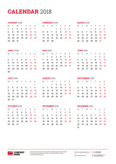 Vector calendar poster A3 size for 2018 Year. Week starts on Monday. Stationery design template