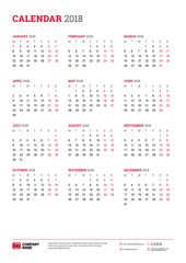 Vector calendar poster A3 size for 2018 Year. Week starts on Monday. Stationery design template