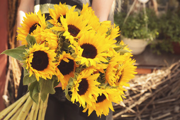 Woman holding beautiful bouquet of sunflowers
