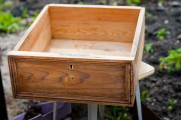Wooden texture. Wooden shavings on a shelf, wooden box. Work with wood