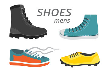 Male man season shoes in flat style. Men boots isolated set vector illustration