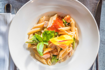 Tasty salmon penne