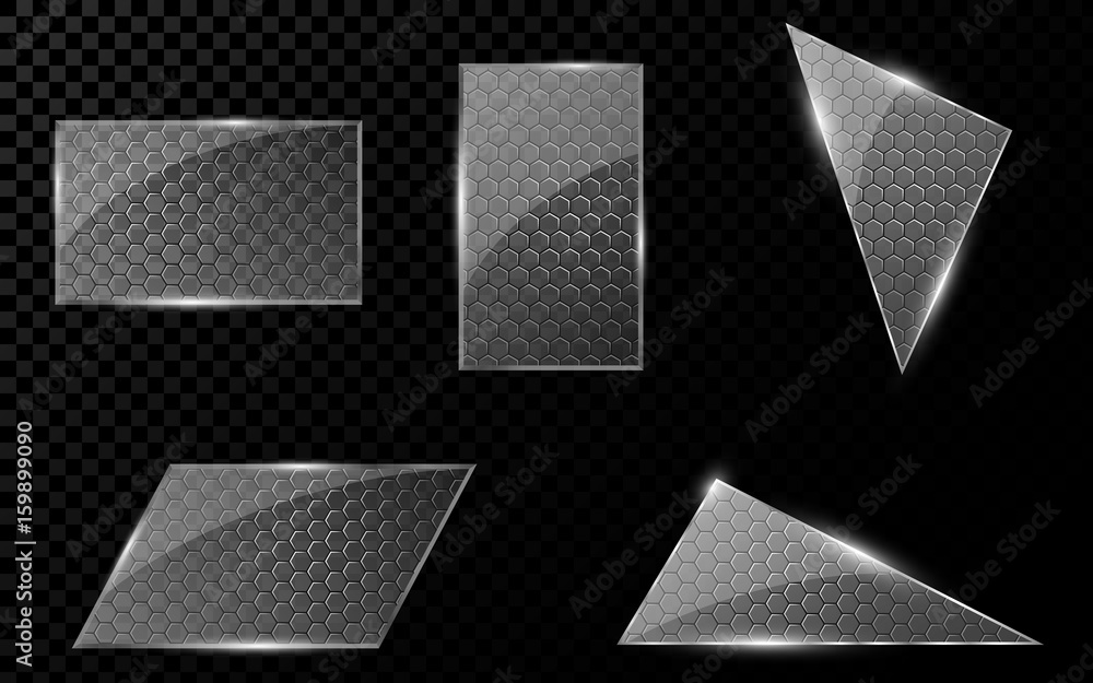 Poster glass geometric objects with a cyber pattern from honeycombs. a set of blank banners for your projec