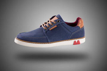 Male Blue Shoe on Background, Isolated Product, Top View, Studio.