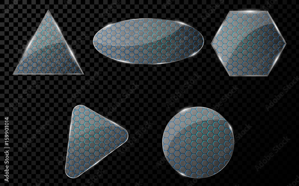 Poster glass objects with a cyber pattern of honeycomb with blue illumination. a set of blank banners for y