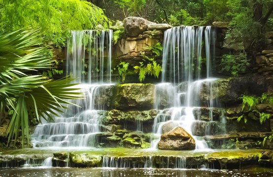 The waterfalls in Prehistoric Park in Zilker Botanical Garden in Austin Texas