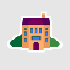 Sticker style icon of house with trees. Orange building with white outline