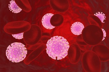 Hepatitis C viruses in blood, 3D illustration