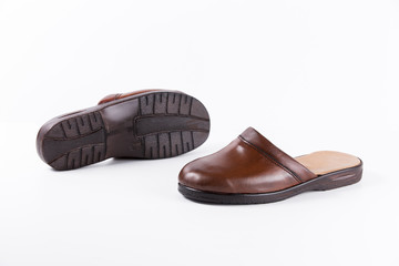Male Brown Slipper on White Background, Isolated Product, Top View, Studio.