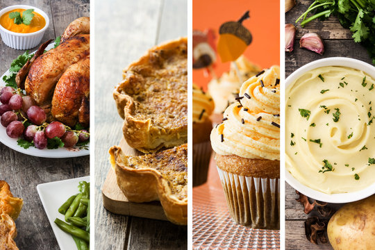Collage of Thanksgiving food. Turkey, pumpkin pie, mashed potato and Thanksgiving cupcakes.


