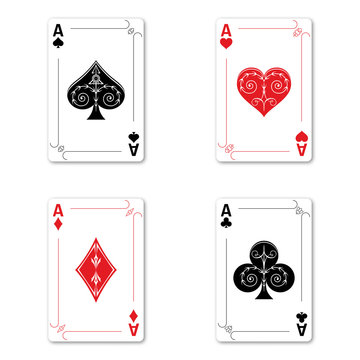 Set of four aces of a deck of cards for playing poker and casino on a white background. spades, diamonds, clubs and hearts.