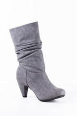 Female Grey Boot on White Background, Isolated Product, Top View, Studio.