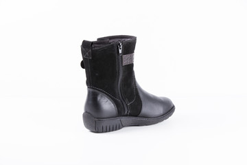 Female Black Boot on White Background, Isolated Product, Top View, Studio.