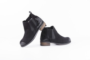 Female Black Boot on White Background, Isolated Product, Top View, Studio.