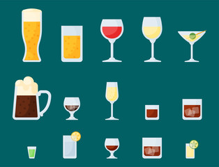 Alcohol drinks beverages cocktail lager container drunk different glasses vector illustration.