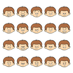 Set of kid facial emotions. Dark hair boy face with different expressions.
