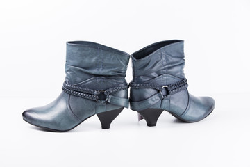Female Blue Boot on White Background, Isolated Product, Top View, Studio.