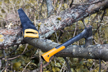 An axe and saw are on the tree