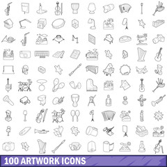 100 artwork icons set, outline style