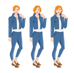 Obraz premium Young redhead woman with different hairstyle in blue jeans and jacket isolated on white background