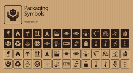 A set of packaging symbols on cardboard background - obrazy, fototapety, plakaty