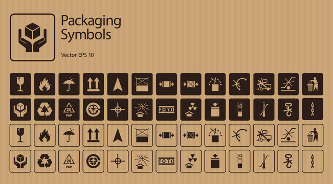 A set of packaging symbols on cardboard background