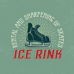 Naklejka premium Vintage logo for ice rink with retro hockey skate, sunburst and inscriptions. Grunge textures on a separate layer and easily disabled.