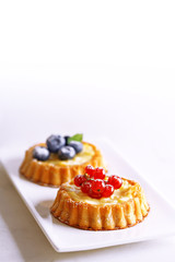 Tarts with berries (blueberry and red currant). Freshly baked dessert on a white background.