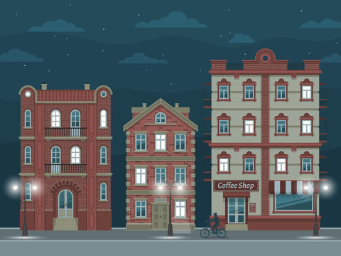 Night street with vintage houses, illuminated by streetlights.  Vector illustration easy to rebuild.
