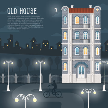 Night cityscape. An old four-story brick house, a path illuminated by street lamps, the silhouette of a bicyclist. In the background, city lights. Illustration is convenient for rearrangement.